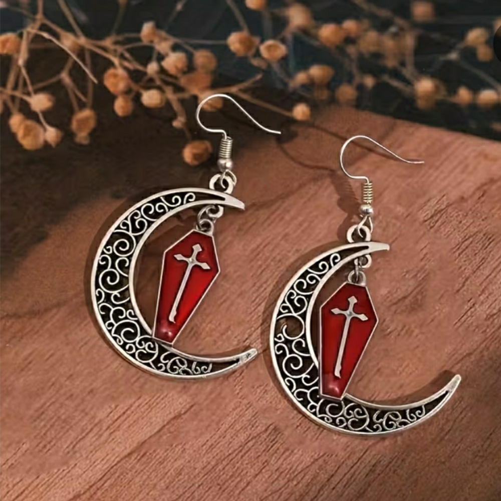 Red Coffin & Crescent Moon Dangle Earrings - Women Jewelry